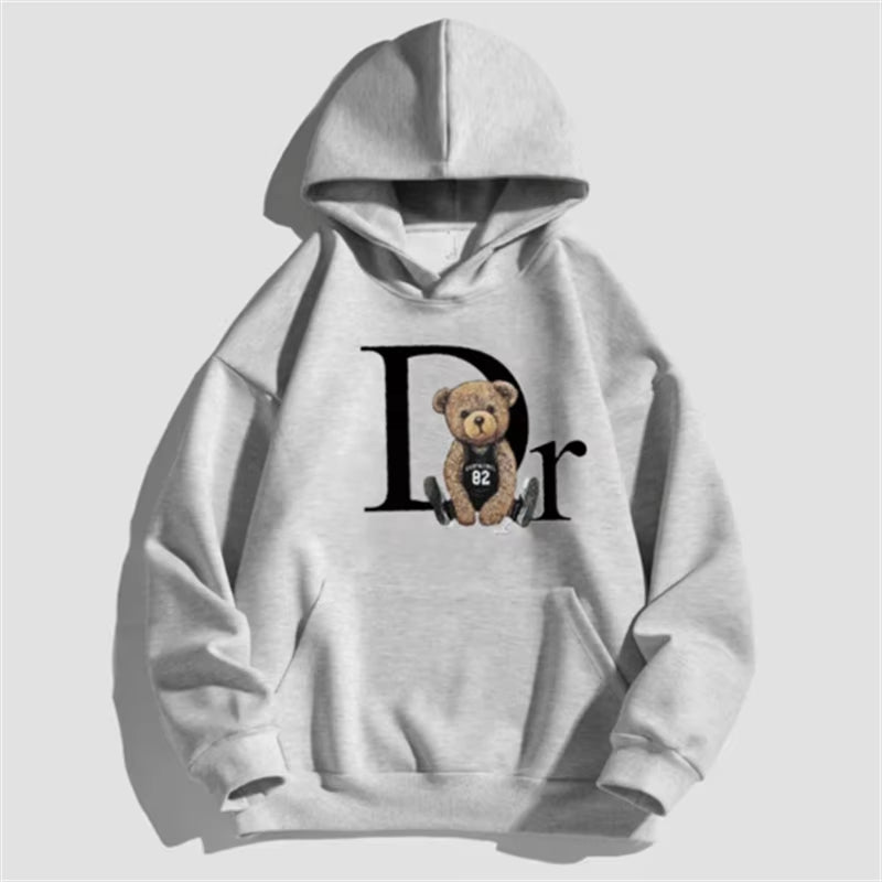 Unisex Letter Bear Print Hoodie, Pulôver Casual, Moda Natalícia, Solto Street Wear, Skate, Monocromático, Novo, Outono, 386