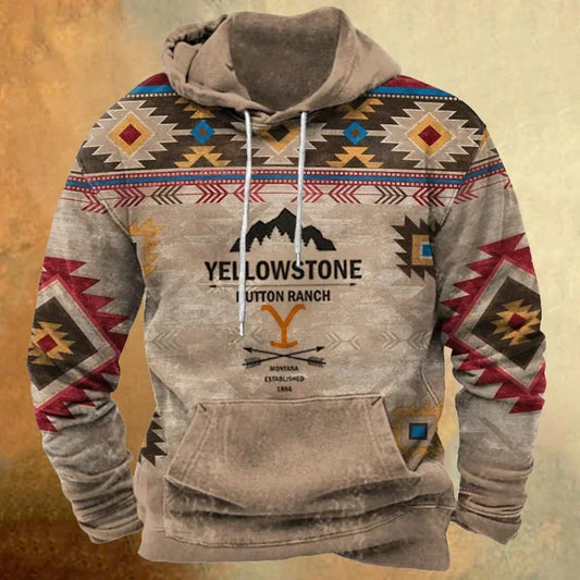 Autumn Men's Hoodie Long Sleeve Sweatshirt Vintage Yellowstone National Park Print